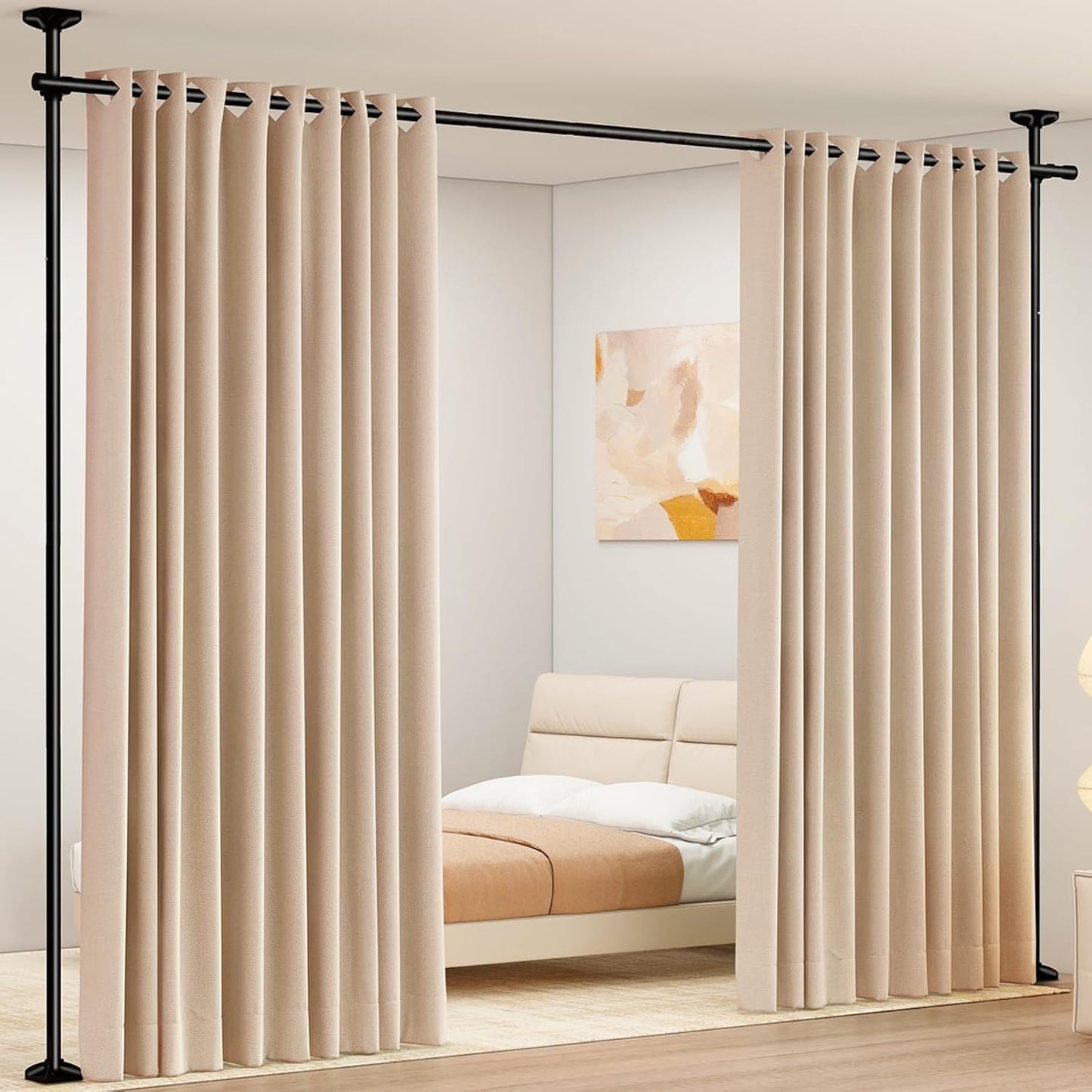 Room Divider Curtain Rod, No Drilling Room Separator for Space Partition Adjustable 4-10Ft(H) 28-70Inch(W) Heavy Duty Temporary Wall Divider Floor to Ceiling Tension Rod, Black