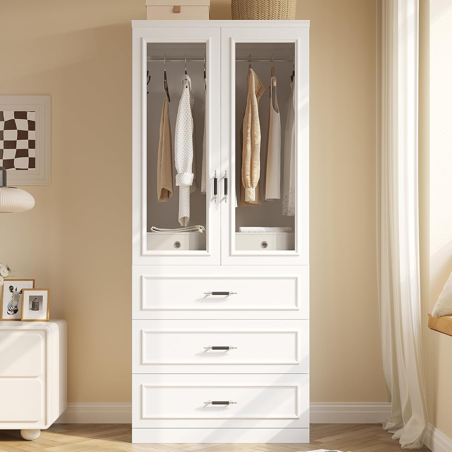 Armoire Wardrobe Closet with 2 Door & 3 Drawers, 74.8" Large Wardrobe Cabinet with Hanging Rod, Freestanding Modern Bedroom Armoire Storage Cabinet, White