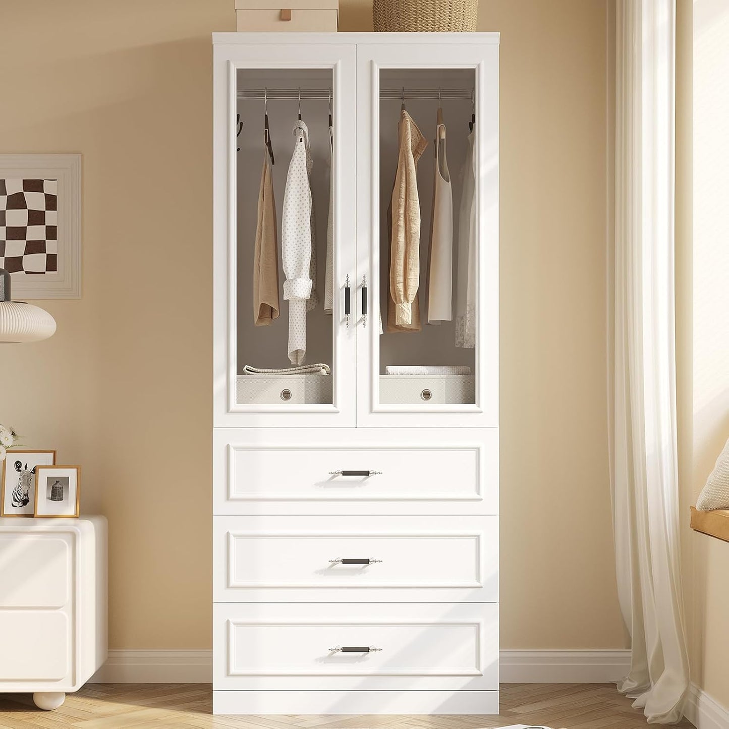 Armoire Wardrobe Closet with 2 Door & 3 Drawers, 74.8" Large Wardrobe Cabinet with Hanging Rod, Freestanding Modern Bedroom Armoire Storage Cabinet, White