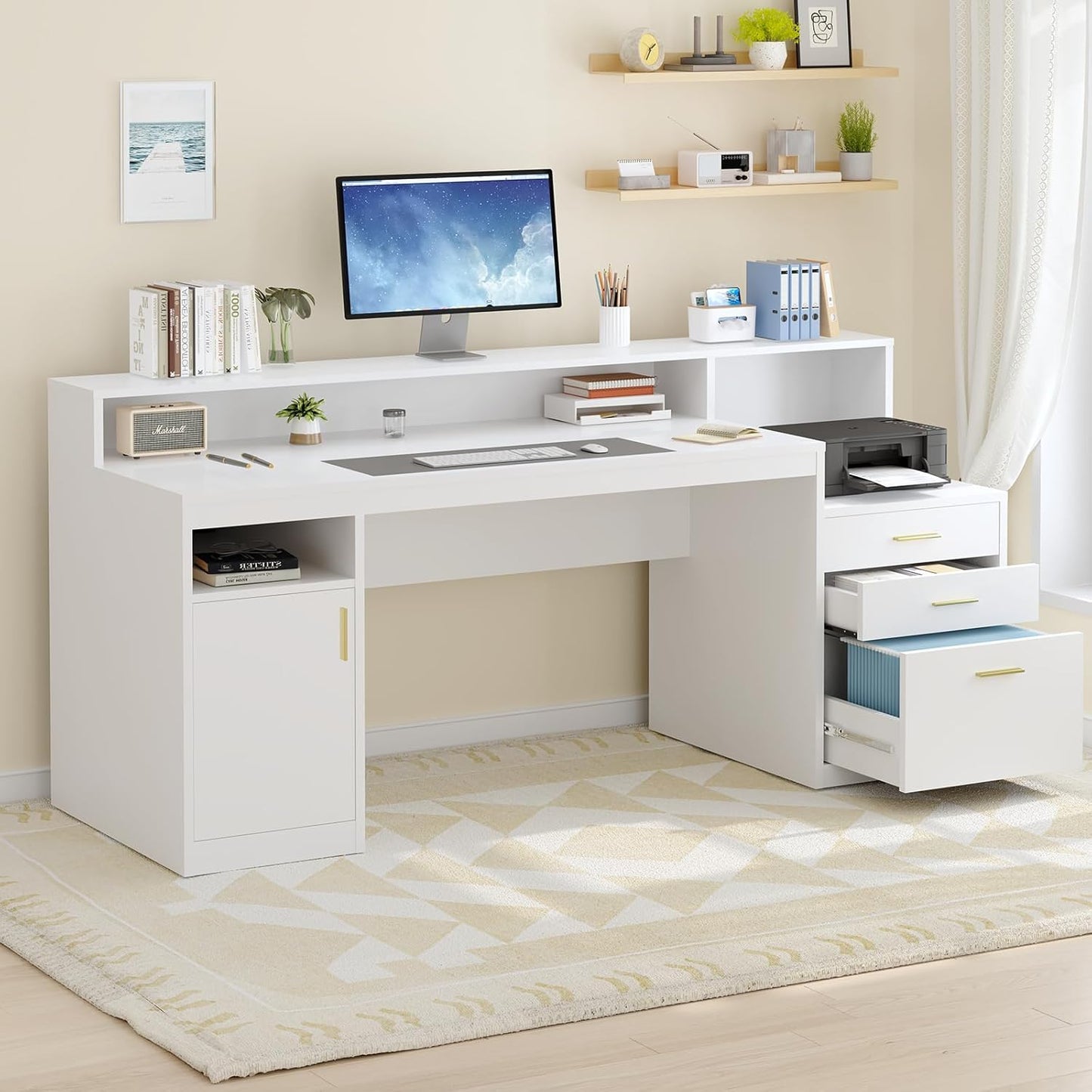Computer Desk with 3 Drawer & Storage Shelves, Home Office Desk with File Drawer & Cabinet, Writing Study Table with Long Monitor Stand & Printer Shelf, Executive Desk, White