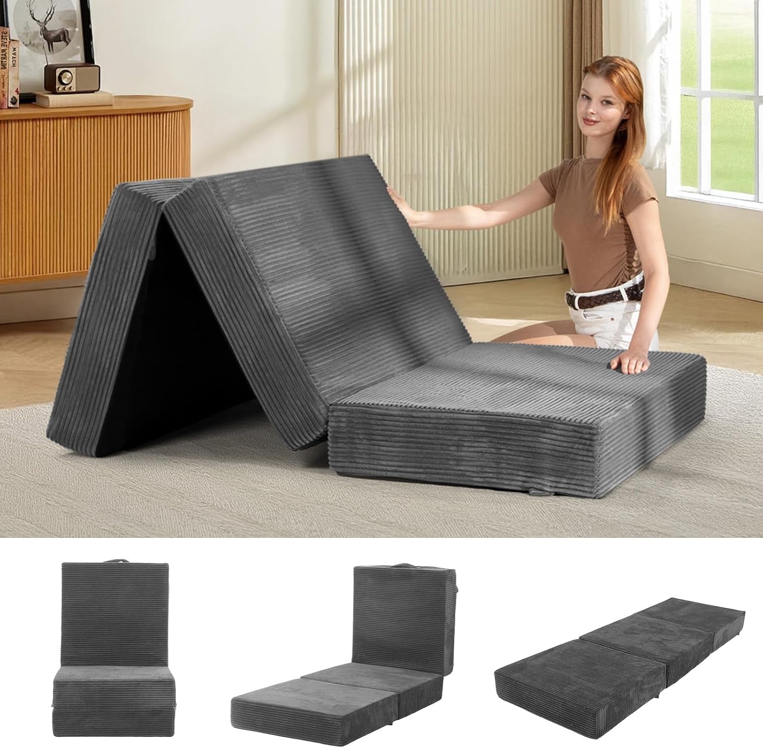 6-Inch Tri-Fold Mattress Single Size - Foldable Futon Sofa Bed with Removable Washable Cover, Folding Memory Foam Futon Mattress | Non-Slip Bottom & Carry Handles for Guest, Camping, Dorm