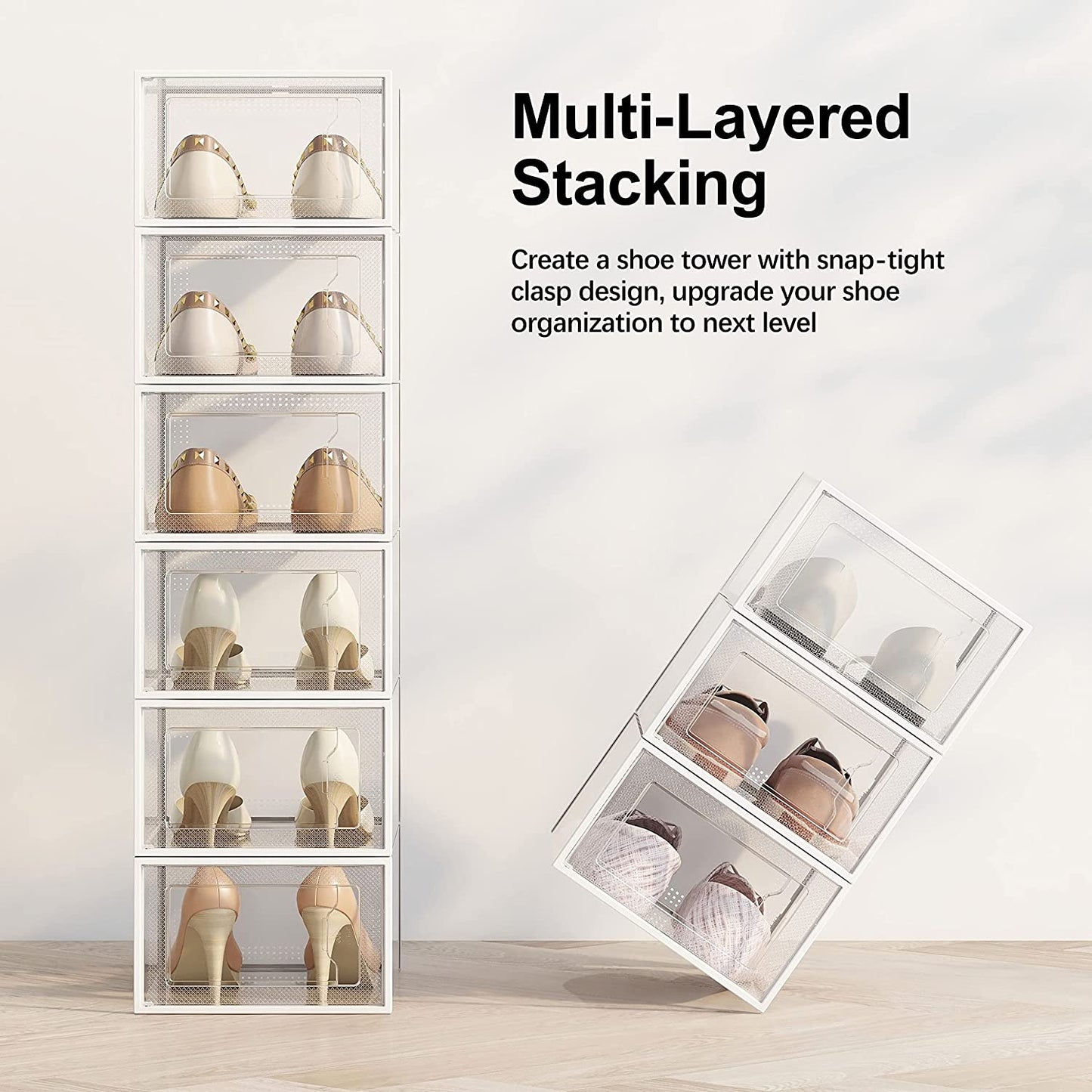 12 Pack Shoe Storage Box, Clear Plastic Stackable Shoe Organizer for Closet, Space Saving Foldable Shoe Rack Sneaker Container Bin Holder