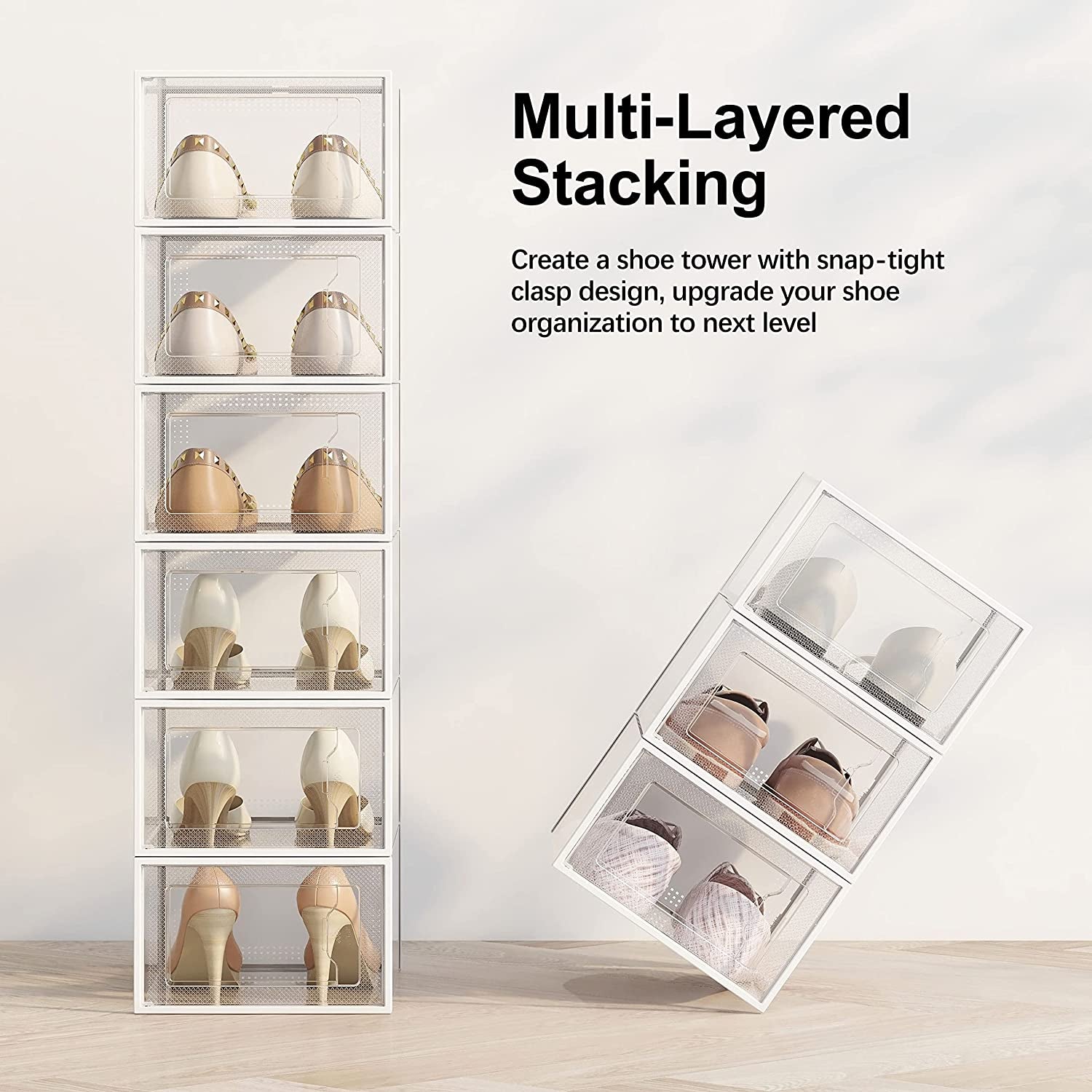 12 Pack Shoe Storage Box, Clear Plastic Stackable Shoe Organizer for Closet, Space Saving Foldable Shoe Rack Sneaker Container Bin Holder
