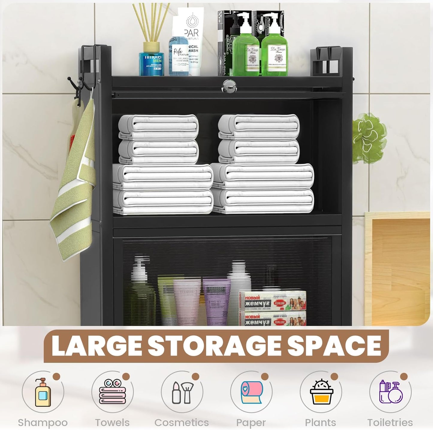 over the Toilet Storage Cabinet,3-Tier,Bathroom Toilet Organizer,Waterproof, Cabinet Door Design,Freestanding Space Saver with 4 Hooks for Bathroom,Black