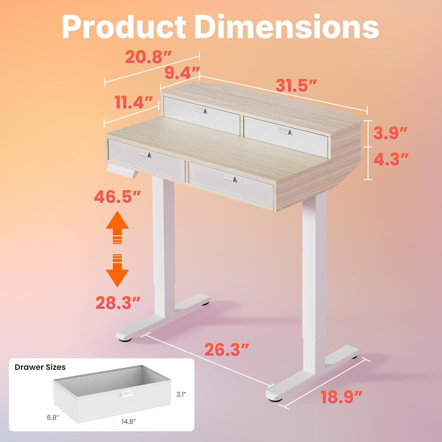 32 X 20 Inch Electric Standing Desk with 4 Drawers, Adjustable Height Sit Stand Home Office Desk, C-Clamp Mount Compatible, Ergonomic Stand up Desk with 4 Preset Heights, Natural
