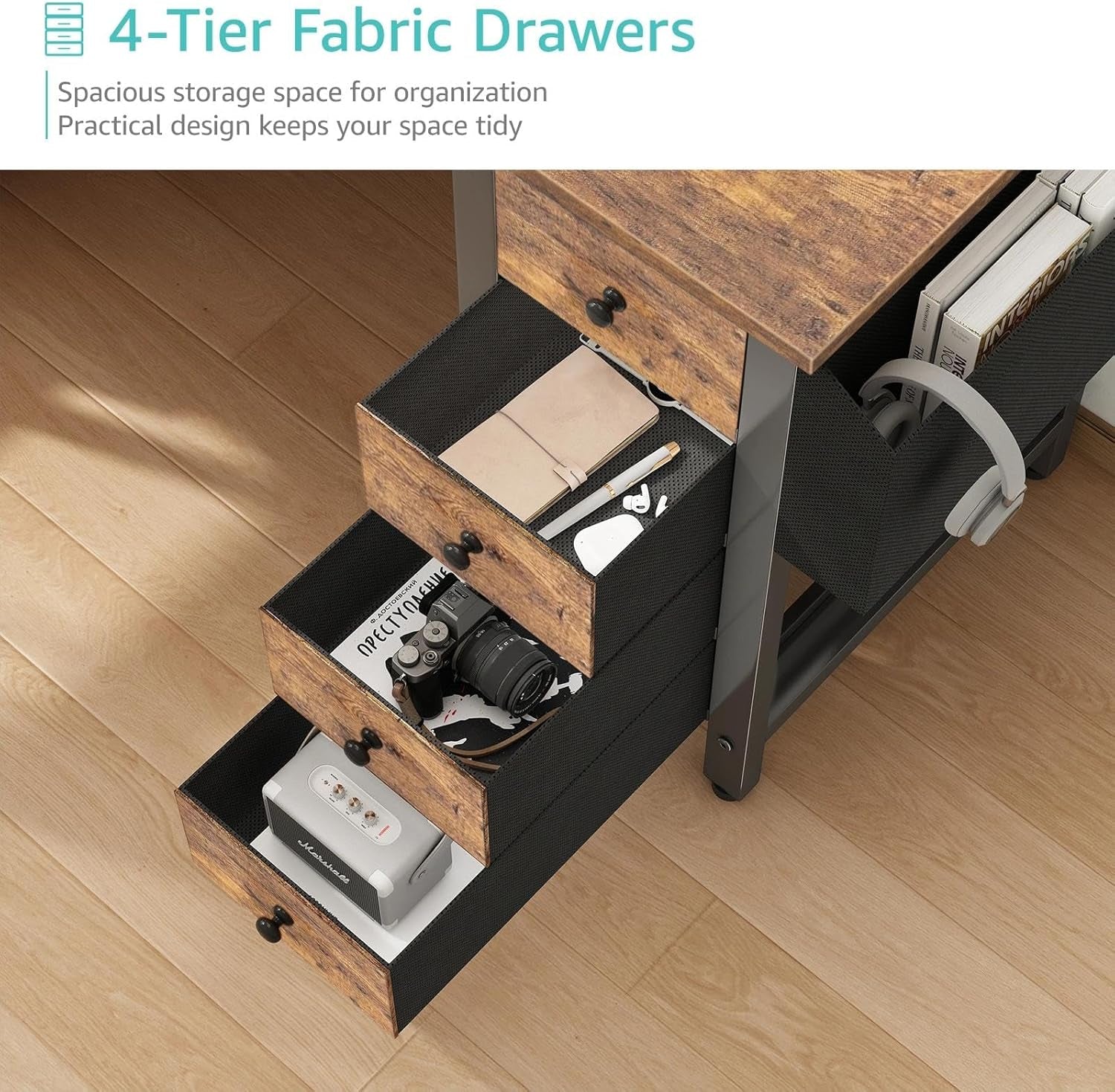 L Shaped Desk with Drawers & Storage Shelves, 47 Inch Small Reversible Corner Desk with Power Outlet for Home Office Bedroom, L-Shaped Gaming PC Computer Desks with Fabric Drawer, Rustic Brown