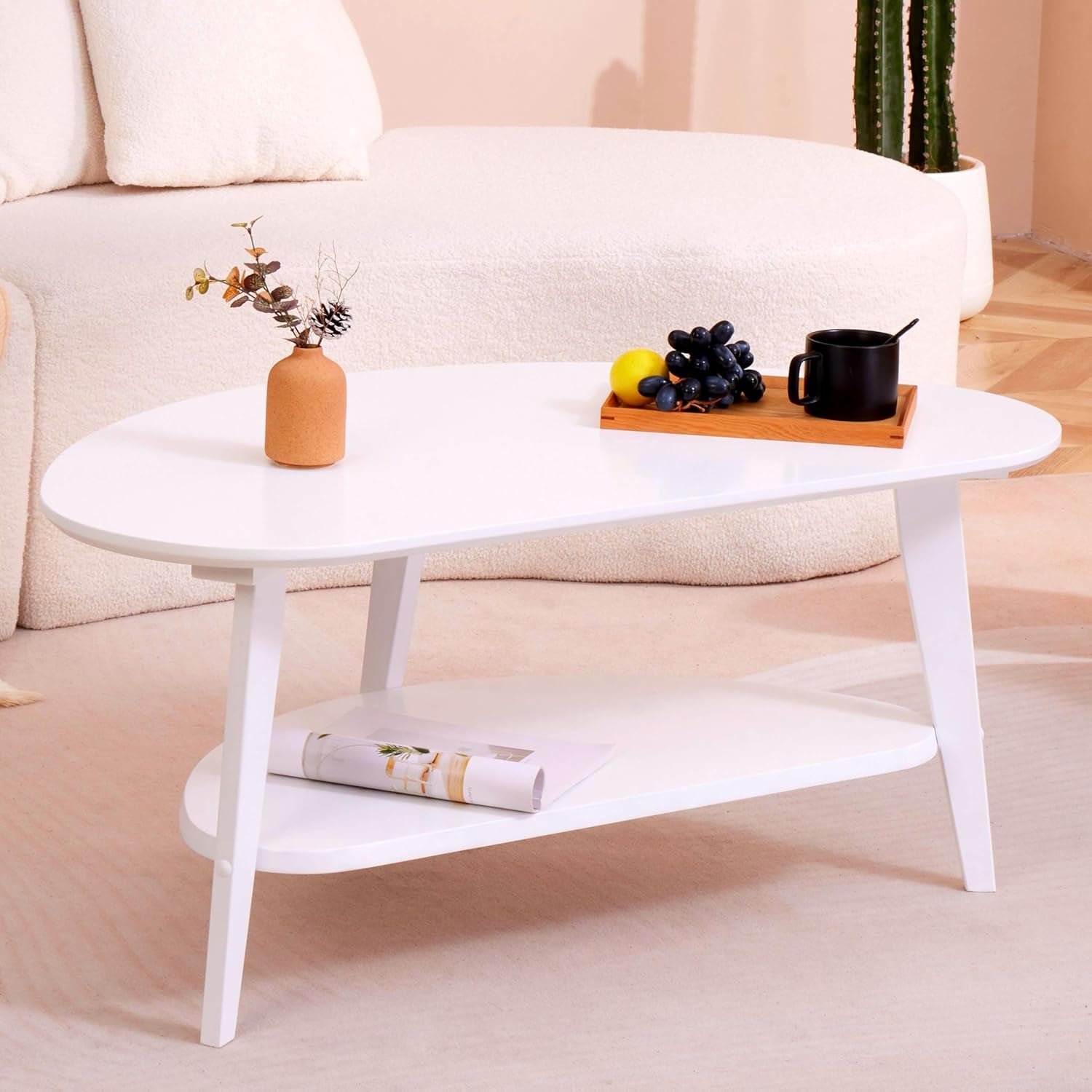 Mid-Century Modern Coffee Table for Living Room, 100% Solid Wood Oval Coffee Table, 2 Tier Wooden Coffee Tables for Home Office Livingroom, 40.2 X 22 Inches Easy Assemble (White)