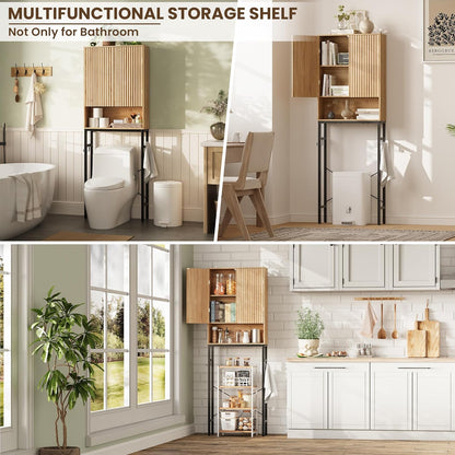 Toilet Storage Cabinet, over the Rack Wood Cabinet with Metal Stand, Bathroom Organizer with Adjustable Shelf, Tall Freestanding Washer Shelf, Small Cupboard, Space Saver, Natural Style