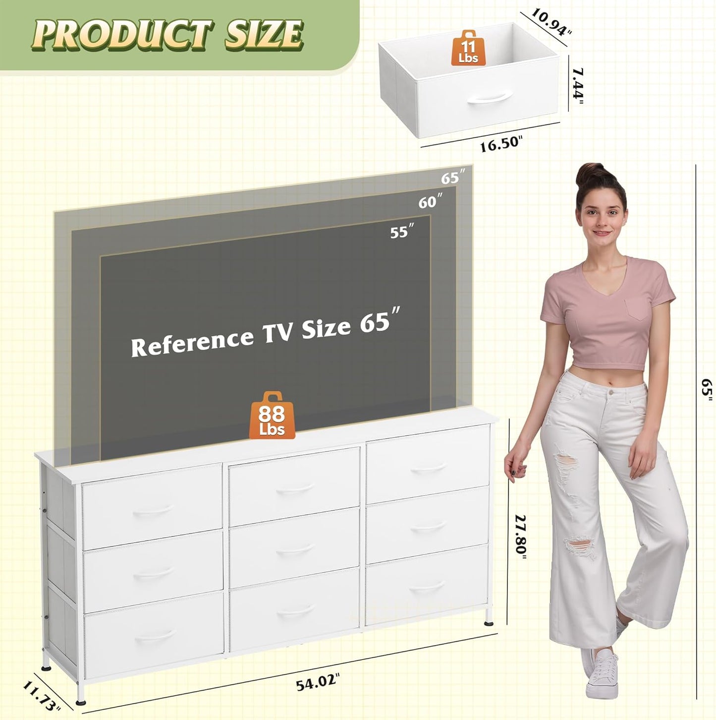 54''W Dresser for Bedroom, White Dresser TV Stand for 55, 60, 65 Inch TV, Wide Chest of Drawers with 9 Drawer, Large Entertainment Center, Fabric Dressers with Wood Top for Closet, Living Room