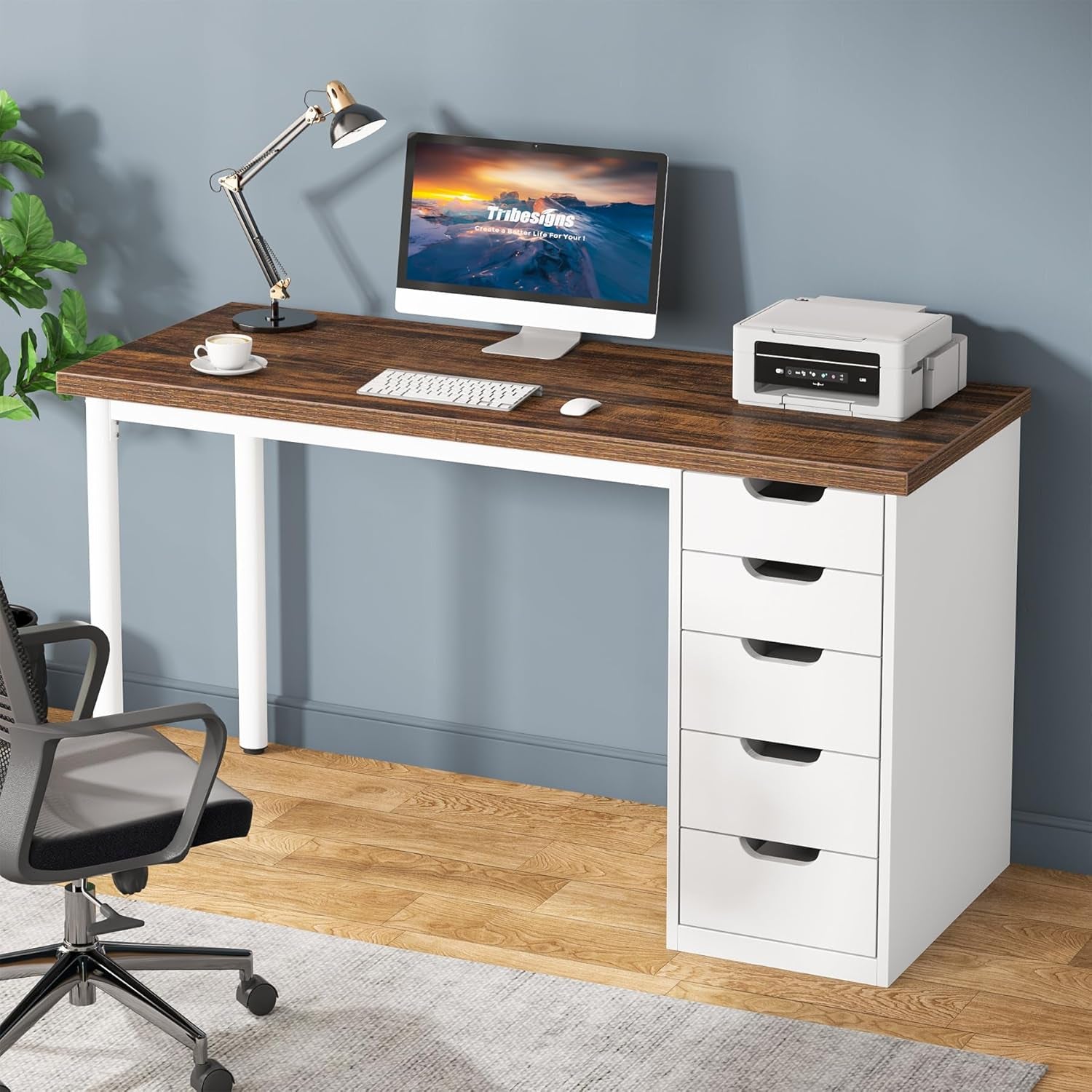 Computer Desk with 5 Drawers, 47 Inches Rustic Brown Home Office Desk with Storage, Modern Simple Laptop Desk Study Writing Table for Small Spaces (Reversible Drawer Cabinet)