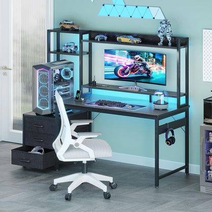 48 Inch Gaming Desk with Hutch & 3 Fabric Drawers, Computer Desk with USB Ports & LED Lights, Reversible Pc Gamer Table with Monitor Stand for Home Office, Carbon Fiber Black