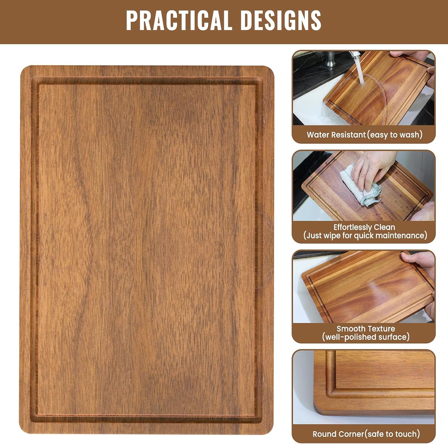 Acacia Wood Cutting Boards Set of 3 for Kitchen, Large Wooden Cutting Board with Juice Groove, Charcuterie Board, Chopping Board for Meat, Cheese, Fruits(17X12, 12X10, 12X7 Inch)
