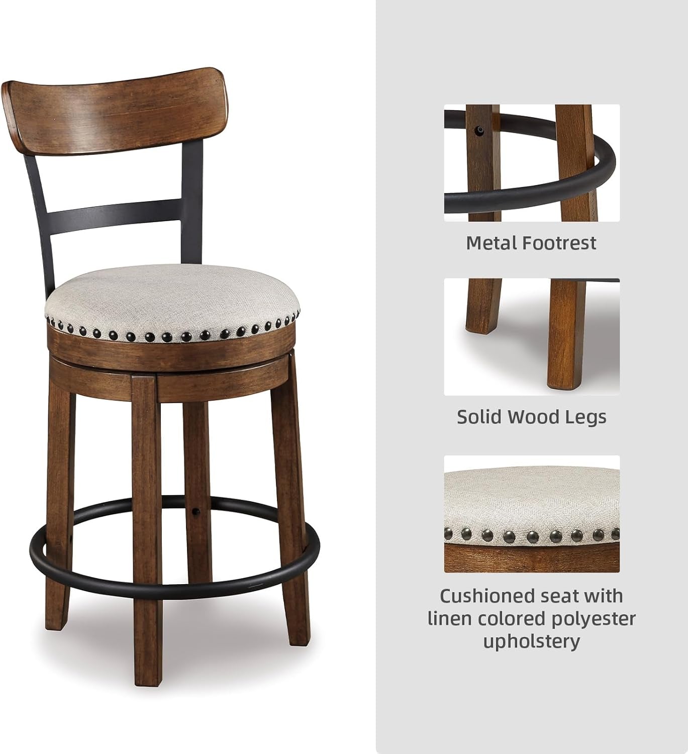 Valebeck Rustic Farmhouse 24.5” Counter Height Swivel Bar Stool, Brown