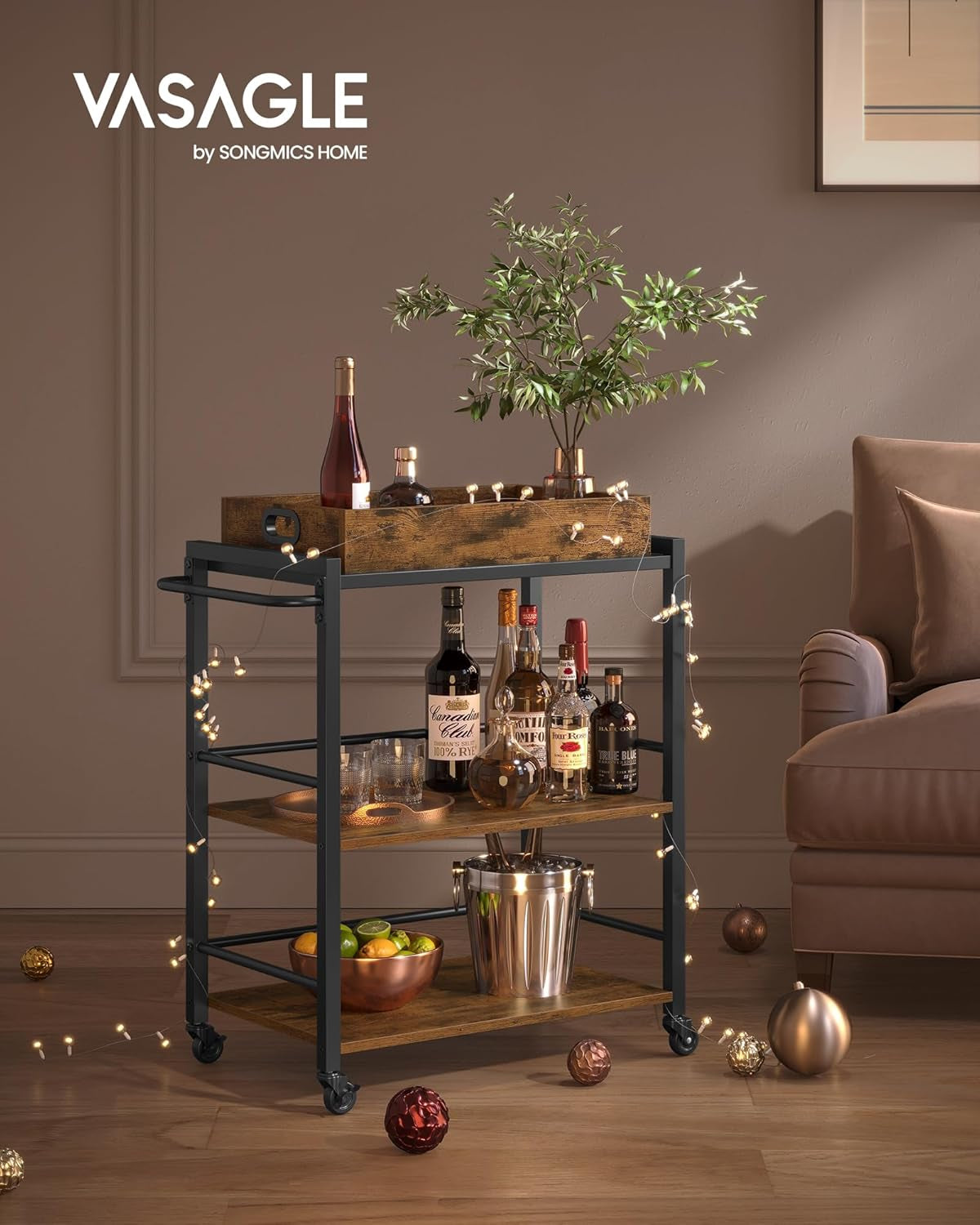 Kitchen Serving Cart with Removable Tray, 3-Tier Kitchen Utility Cart on Wheels with Storage, with Brakes, Leveling Feet, 15.7 X 28.3 X 33.9 Inches, Rustic Brown and Black ULRC72X