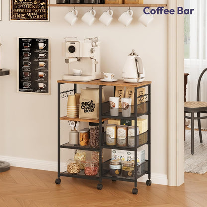 Kitchen Island Cart on Wheels - 4 Tier Rolling Kitchen Table Cart with Storage Shelves, 6 Removable Hooks& Locking Casters, Coffee Bar Cabinet for Dining Room Pantry Office, Espresso