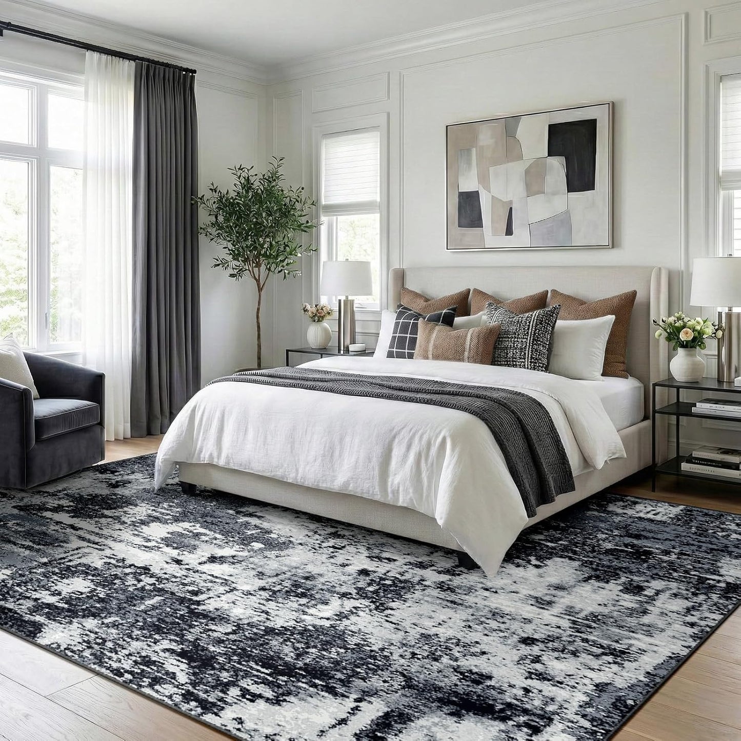 Washable Area Rugs 5'X7' Non-Slip Modern Abstract Soft for Living Room Entryway Bedroom Nursery, Print Pattern, Black Navy Blue Gray