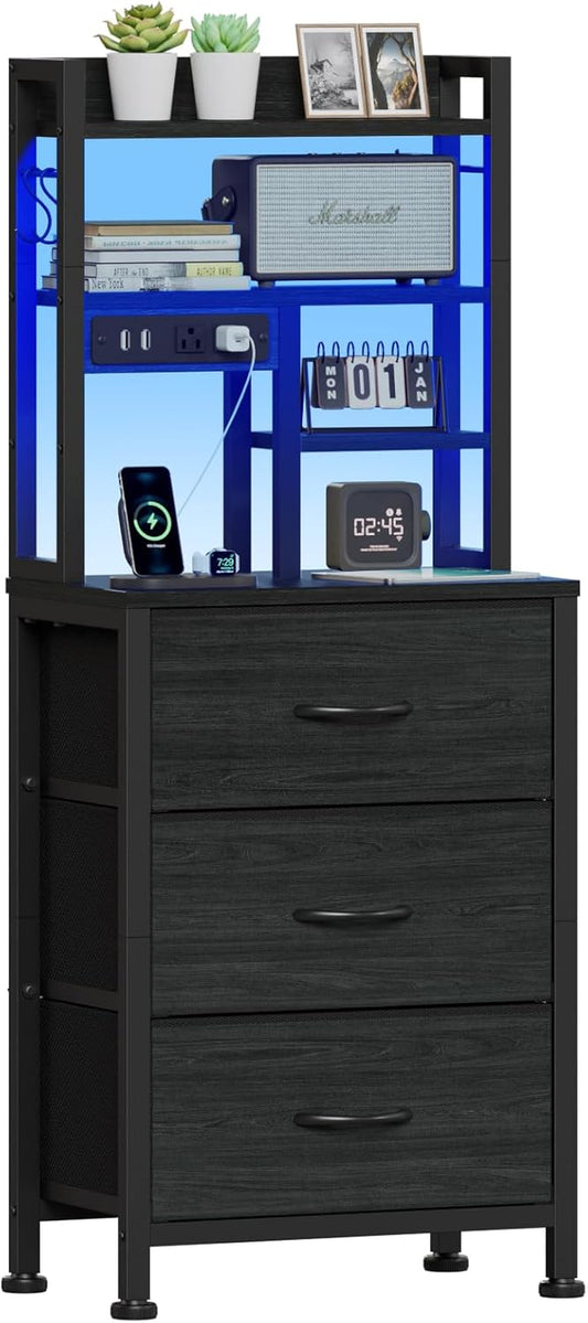 Tall Night Stand with 3 Fabric Drawers and LED Lights, Nightstand with Bookshelf, 45.3Inch Tall Bedside Tables with USB Ports in Bedroom, Dorm, Office,Metal Frame, Wood Shelves (Black Oak)