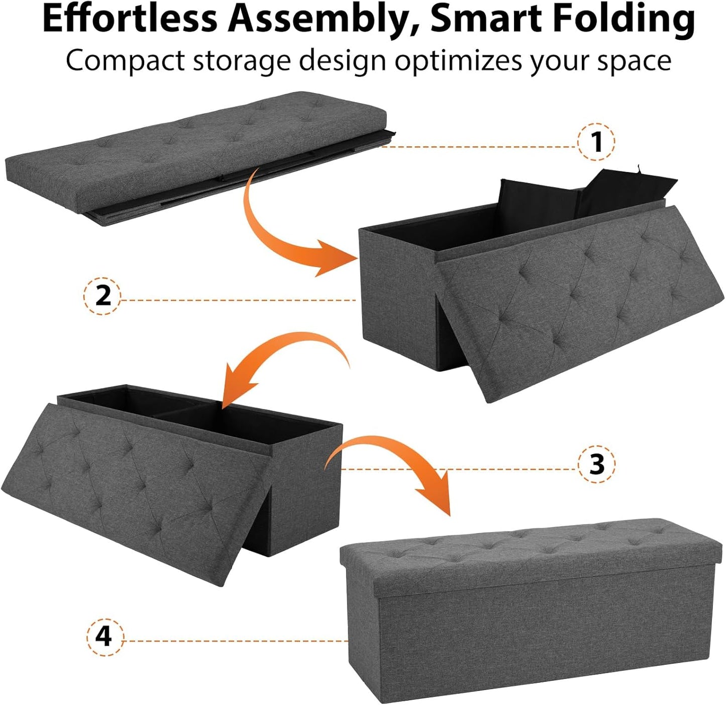 43In Foldable Storage Ottoman Bench, Storage Chest, End of Bed Foot Rest Stool with Padded Seat, Bedroom Bench for Living Room, Support 660Lbs, Grey