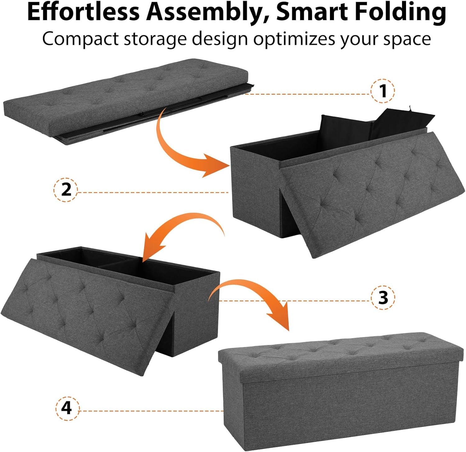 43In Foldable Storage Ottoman Bench, Storage Chest, End of Bed Foot Rest Stool with Padded Seat, Bedroom Bench for Living Room, Support 660Lbs, Grey