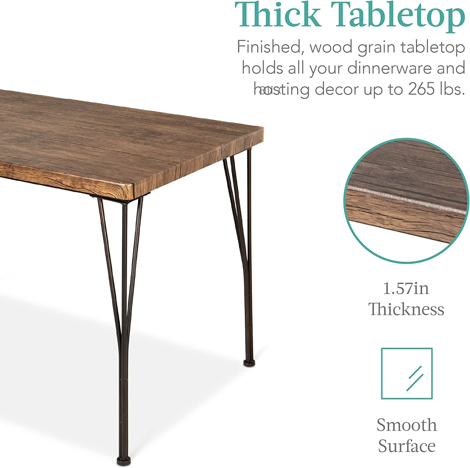 5-Piece Metal and Wood Indoor Modern Rectangular Dining Table Furniture Set for Kitchen, Dining Room, Dinette, Breakfast Nook W/ 4 Chairs - Drift Brown