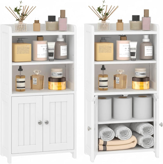 Small Bathroom Storage Cabinet, 30" Tall Freestanding Corner Floor Cabinet with opposite Doors & 5 Shelves (2 Adjustable), Narrow Toilet Paper Holder Organizer for Small Spaces, White