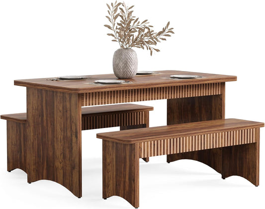 55" Dining Table with 2 Benches, Dining Table Set for 4-6 People, Farmhouse Kitchen Table with Bench, Dining Room Table Set