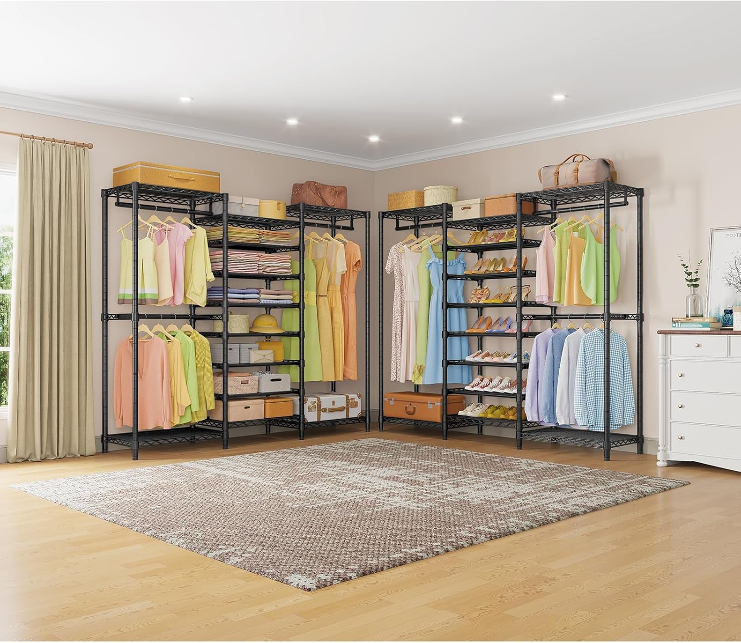 S3C Heavy Duty Portable Closet with Adjustable Shoe Rack Wire Shelf, Large Wardrobe Organizer for Bedroom Storage, Freestanding Clothes Rack with Hanging Rod, Custom Black Rack with Black Cover