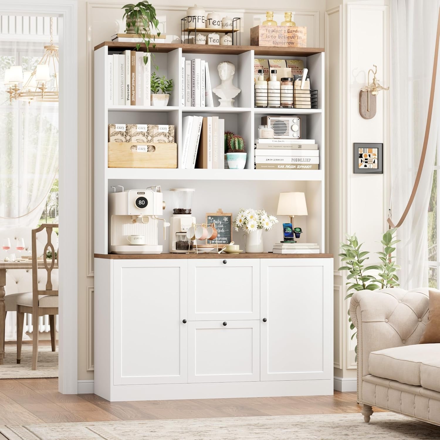 72'' Tall File Bookcase with Power Outlet & Printer Stand, 2 Drawer Filing Cabinets for Home Office Fit Hanging A4 File, Storage Cabinet W/ 3 Tier Open Book Shelf & Doors for Living Room, White