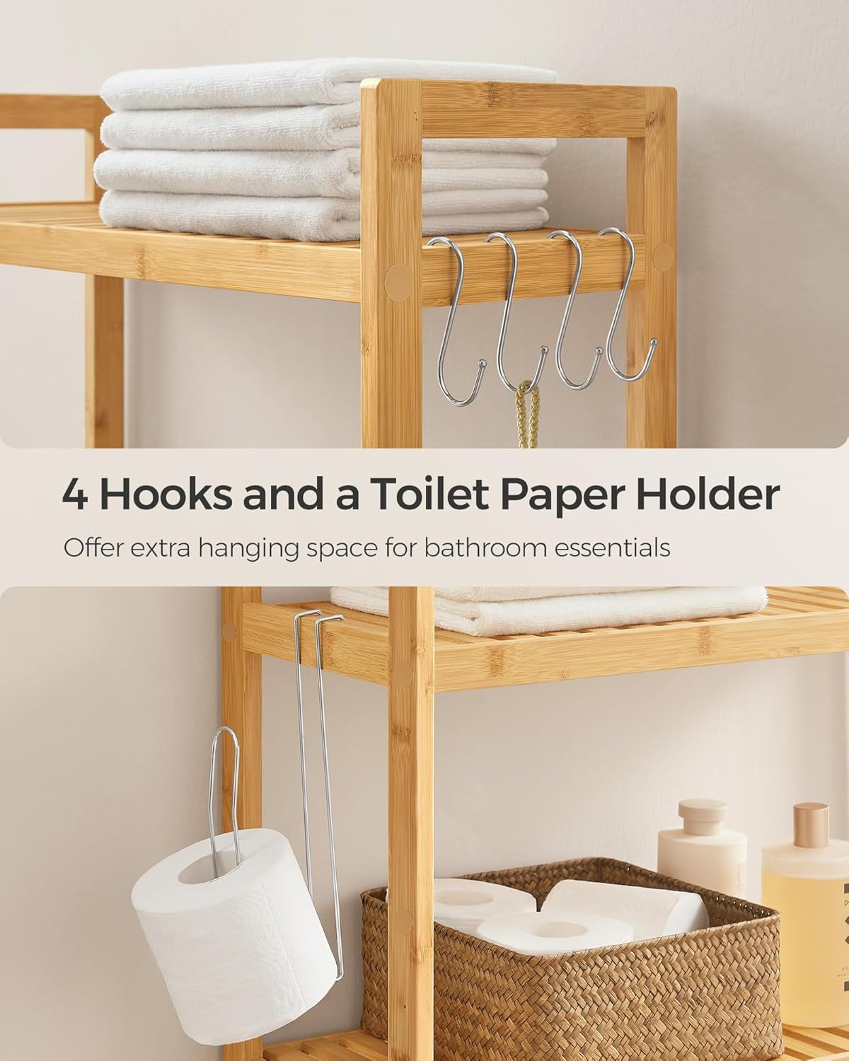 over the Toilet Storage, 3-Tier over Toilet Bathroom Organizer with Adjustable Shelf, 10.2 X 24.8 X 66.9 Inches, Space-Saving, Natural Beige UBTS001N01