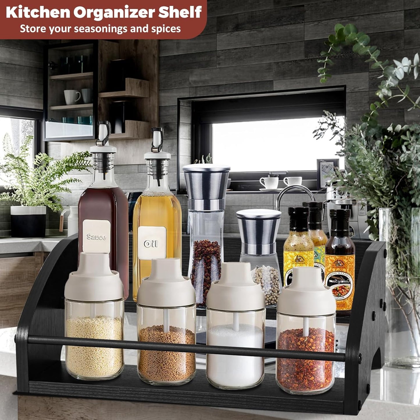 Liquor Bottle Display Shelf, Coffee Syrup Rack Organizer, 2 Step Countertop Wine Rack, Home Retro Bar Shelf Stand for Liquor Whiskey, Spirits, Kitchen Organizer for Seasonings, Spice & Tea (Black)