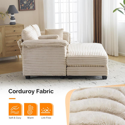 56" Oversized Chaise Lounge Chair, Beige Comfy Corduroy Chaise Sofa Recliner Bed Upholstered Sleeper Couch Bed with Throw Pillows and Armrests for Living Room, Movie Room, Bedroom