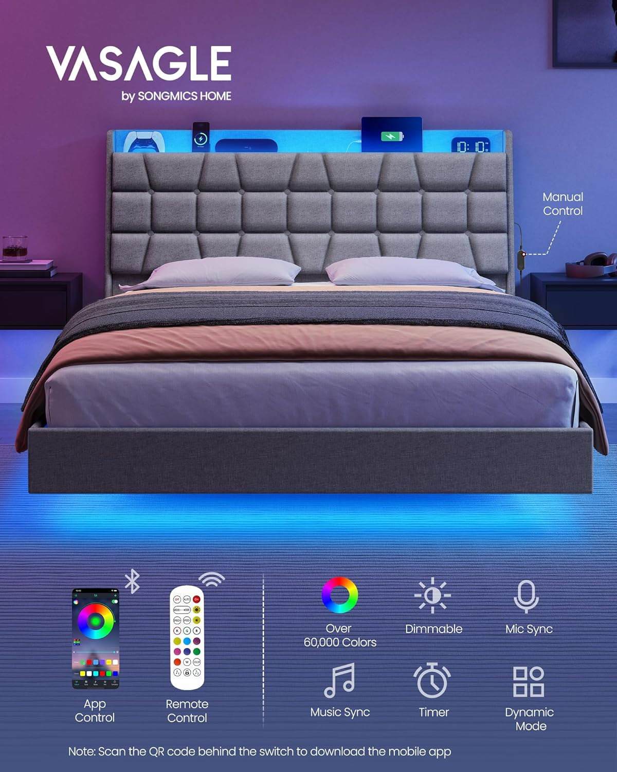 Queen Size Floating Bed Frame with LED Lights, Queen Bed Frame with Charging Station, Tufted Storage Headboard, Upholstered Platform Bed Frame, No Box Spring Needed, Light Gray URMB851G01