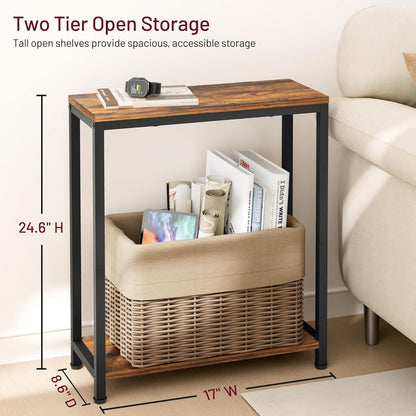 Narrow Small Side Table for Small Space, 2 Tier Sofa Skinny End Table for Living Room, Bedroom beside Slim Nightstand, Rustic Brown and Classic Black