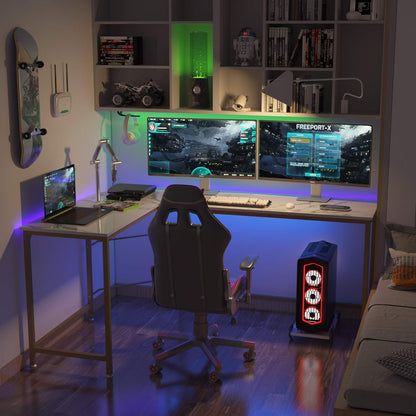 Reversible L Shaped Desk White - 66.1" Corner Gaming Computer Desk, Office Workstation Modern Home Study Writing Table, Marble Gold