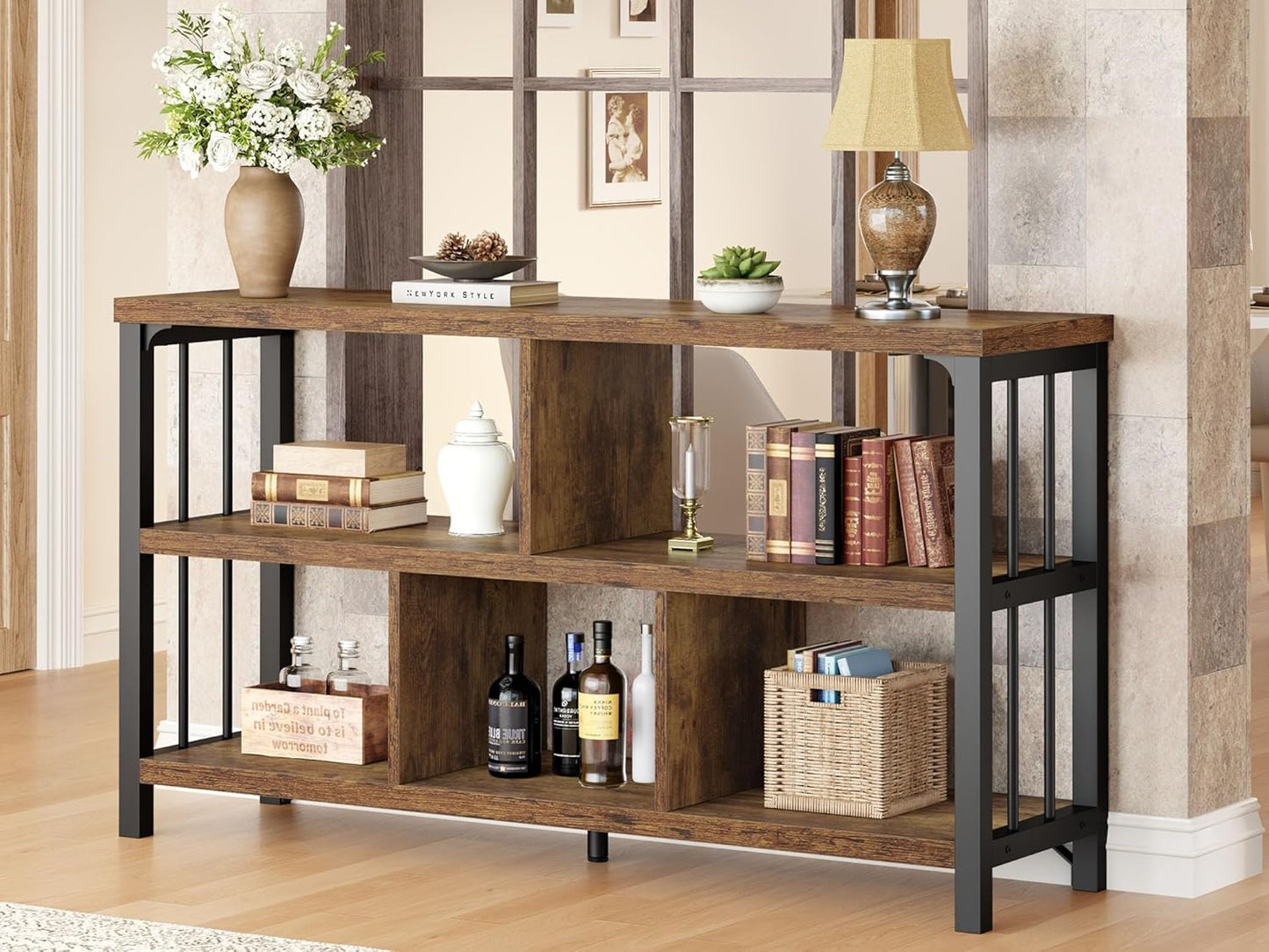 Farmhouse 3 Tier Open Book Shelf, Wood and Metal 5 Cube Storage Organizer, Modern Low Horizontal Bookshelf for Bedroom Living, Long Wide Office Cubby Bookcase with Storage, Rustic Brown, 47 Inch