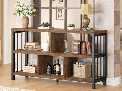 Farmhouse 3 Tier Open Book Shelf, Wood and Metal 5 Cube Storage Organizer, Modern Low Horizontal Bookshelf for Bedroom Living, Long Wide Office Cubby Bookcase with Storage, Rustic Brown, 47 Inch