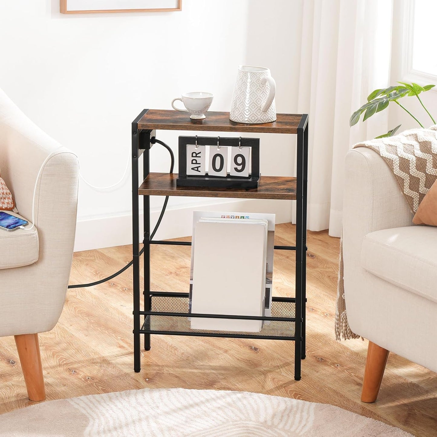 Small Narrow Side Table with Charging Station, Skinny End Table for Small Spaces, Slim Nightstand with USB Ports Outlet, Sofa beside Table with Storage Shelf, Rustic Brown and Black BF102UBZ01
