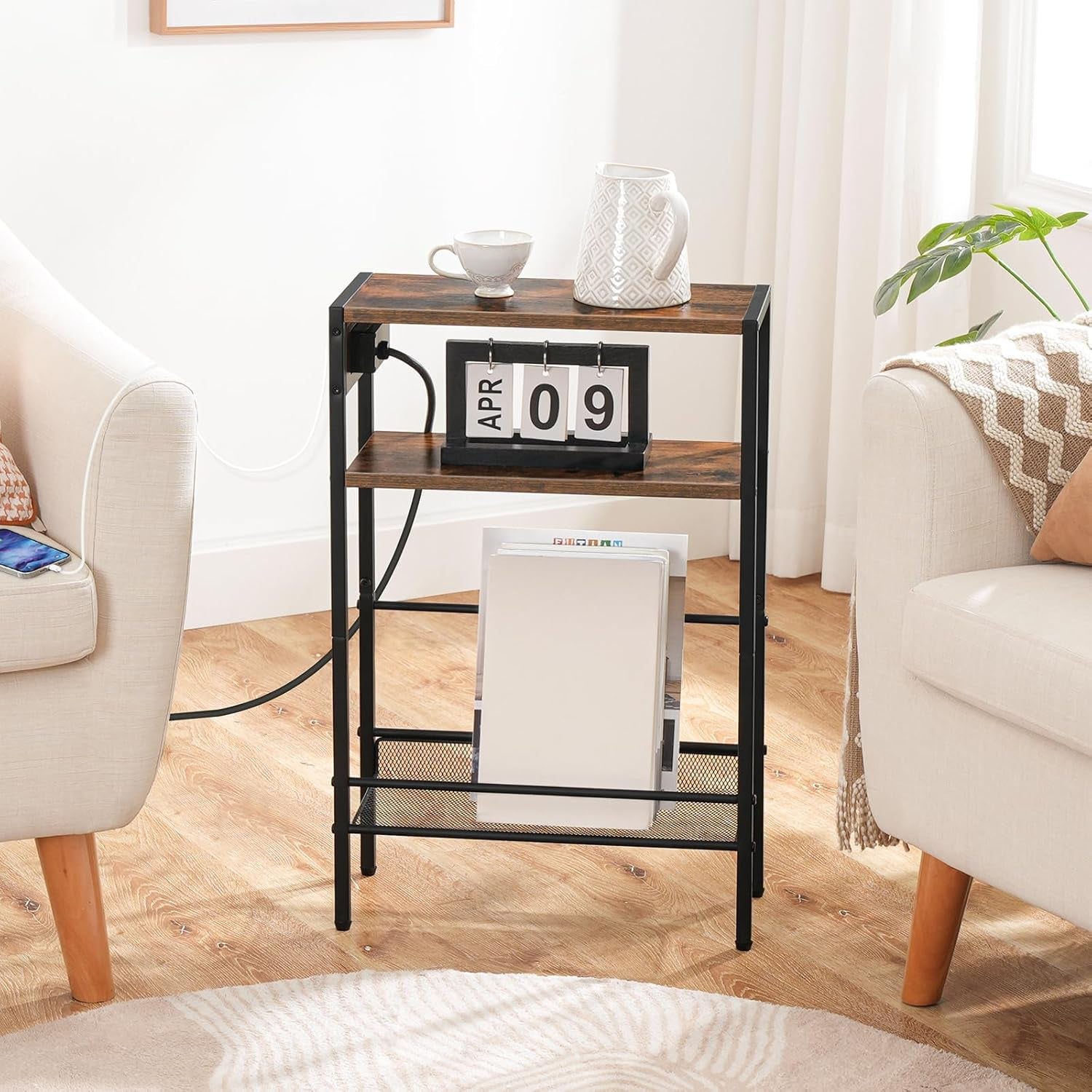 Small Narrow Side Table with Charging Station, Skinny End Table for Small Spaces, Slim Nightstand with USB Ports Outlet, Sofa beside Table with Storage Shelf, Rustic Brown and Black BF102UBZ01