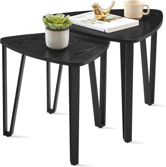 Nesting Coffee Tables, End Tables Set of 2 for Living Room Bedroom, Industrial Small Stacking Side Tables with Metal Frame for Couch, Charcoal Gray and Black ULET013B56