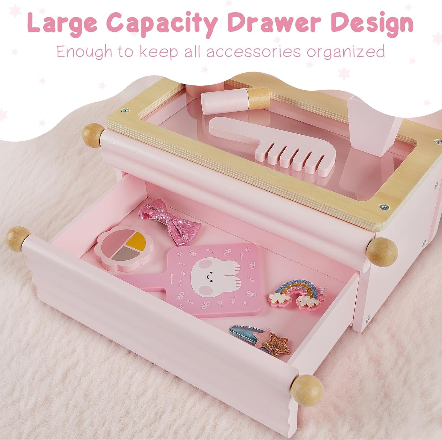 Wooden Kids Vanity Set with Acrylic Display Case, Pretend Play Toddler Makeup Vanity for Girls, Beauty Salon Set with Makeup Accessories, Little Girls Gift Age 3+ (Pink)