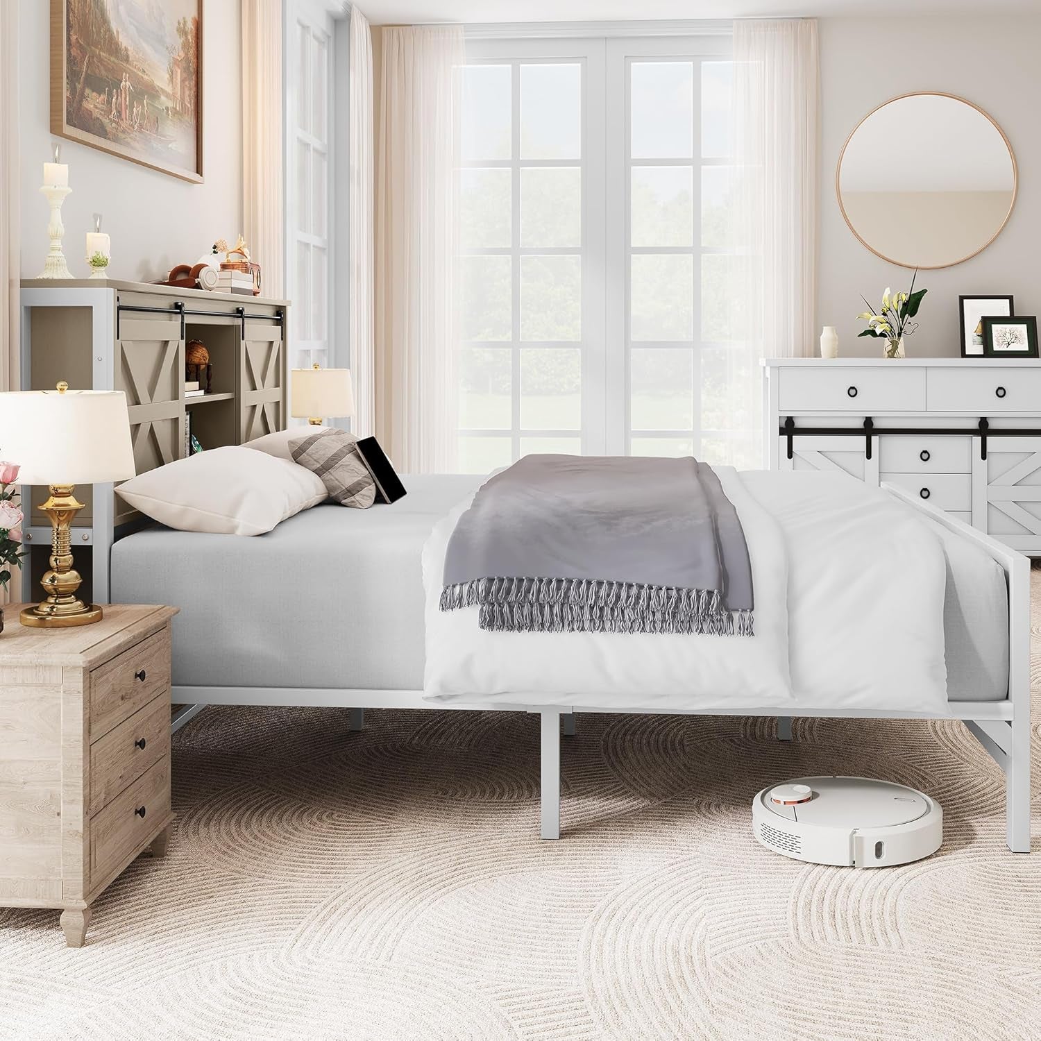 ​Farmhouse King Size Bed Frame with Headboard, Bookcase Storage Shelves, Sliding Barn Door, Charging Station, Rustic Wood Platform Bed, No Box Spring Needed, Oak