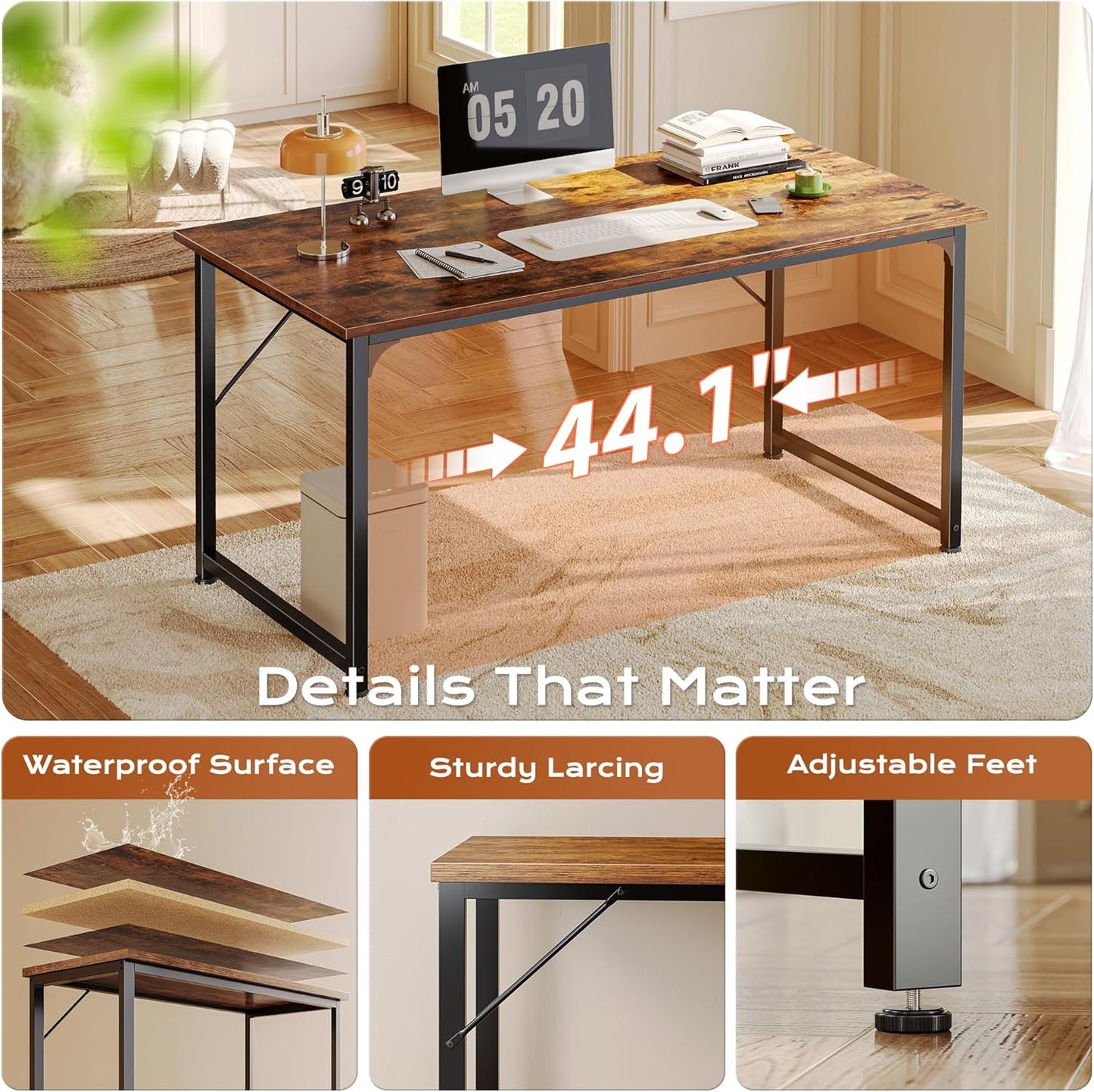 47 X 24 Inch Computer Desk with Deeper Desktop, Gaming Office Writing Work Desk for Home Office, Study, Bedroom, Work from Home, Metal Frame, Rustic Brown