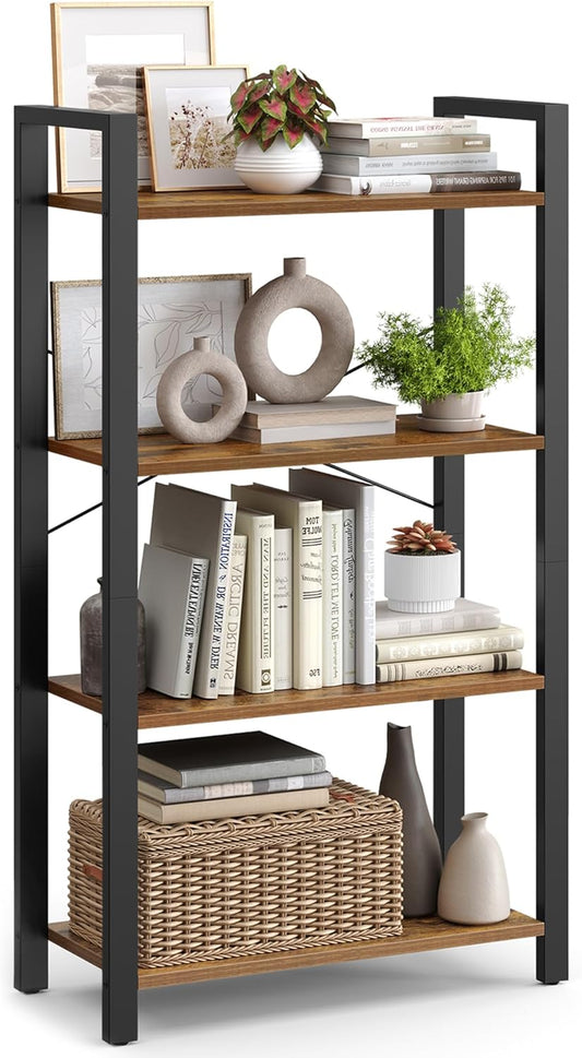 4-Tier Bookshelf, Bookcase with Steel Frame, Book Shelf for Living Room, Home Office, Study, 11.8 X 26 X 47 Inches, Industrial Style, Rustic Brown and Ink Black ULLS60BX