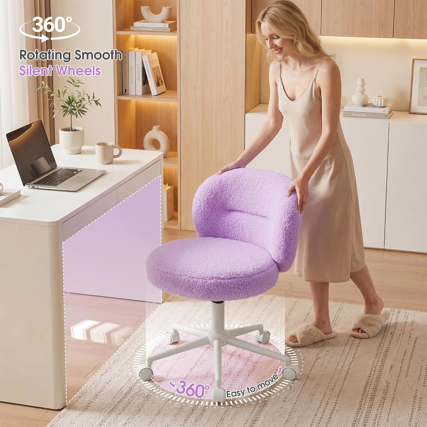 Small round Vanity Chair, Armless Home Office Desk Chairs with Back, Height Adjustable & 360° Swivel, Cute Comfy Vanity Computer Chair for Bedroom, Home Office, Purple