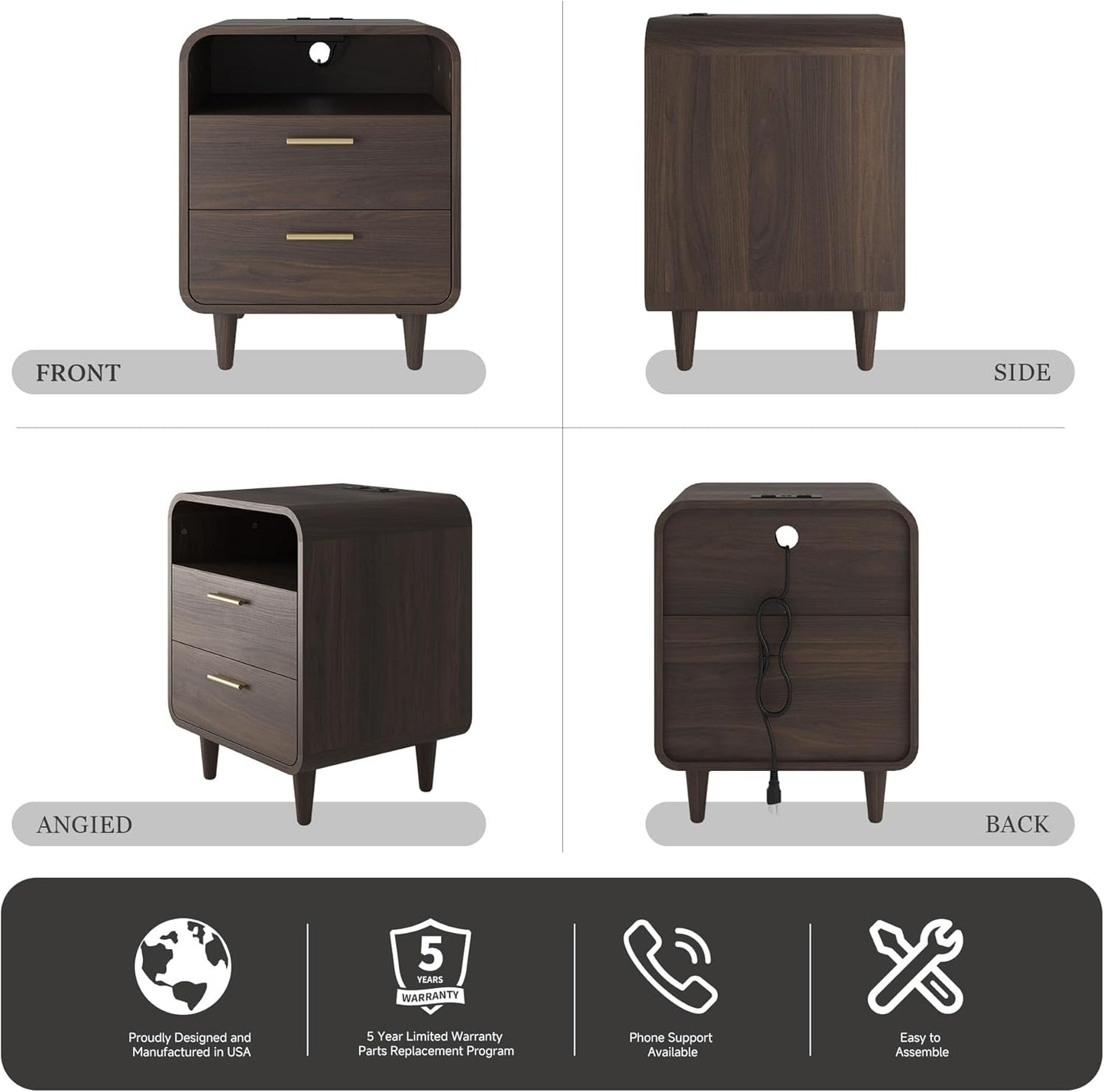 22.2'' Nightstands Set of 2 with Charging Station, Mid-Century Modern Bedside Table W/2 Drawers and Shelves, Side Table and End Table for Bedroom and Living Room, Curved Design(Walnut)