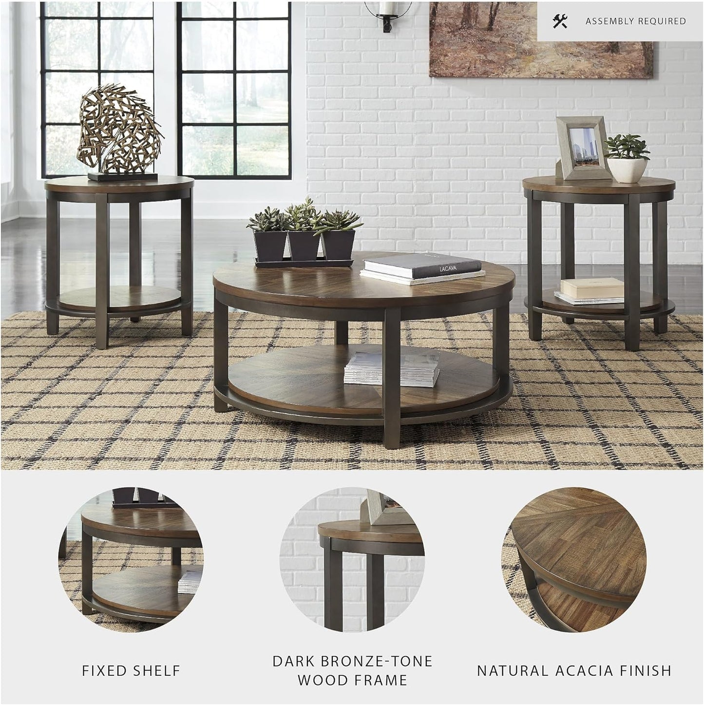 Roybeck Rustic round 3-Piece Table Set, Includes 1 Coffee Table and 2 End Tables with Fixed Shelf, Light Brown
