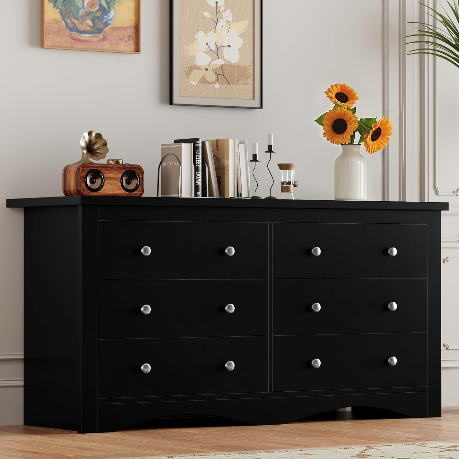 Dresser for Bedroom, 6 Wood Dresser, Chest of Drawers, for TV up to 65 Inch, TV Stand Storage Chest of Drawers for Hallway Entryway (Black)
