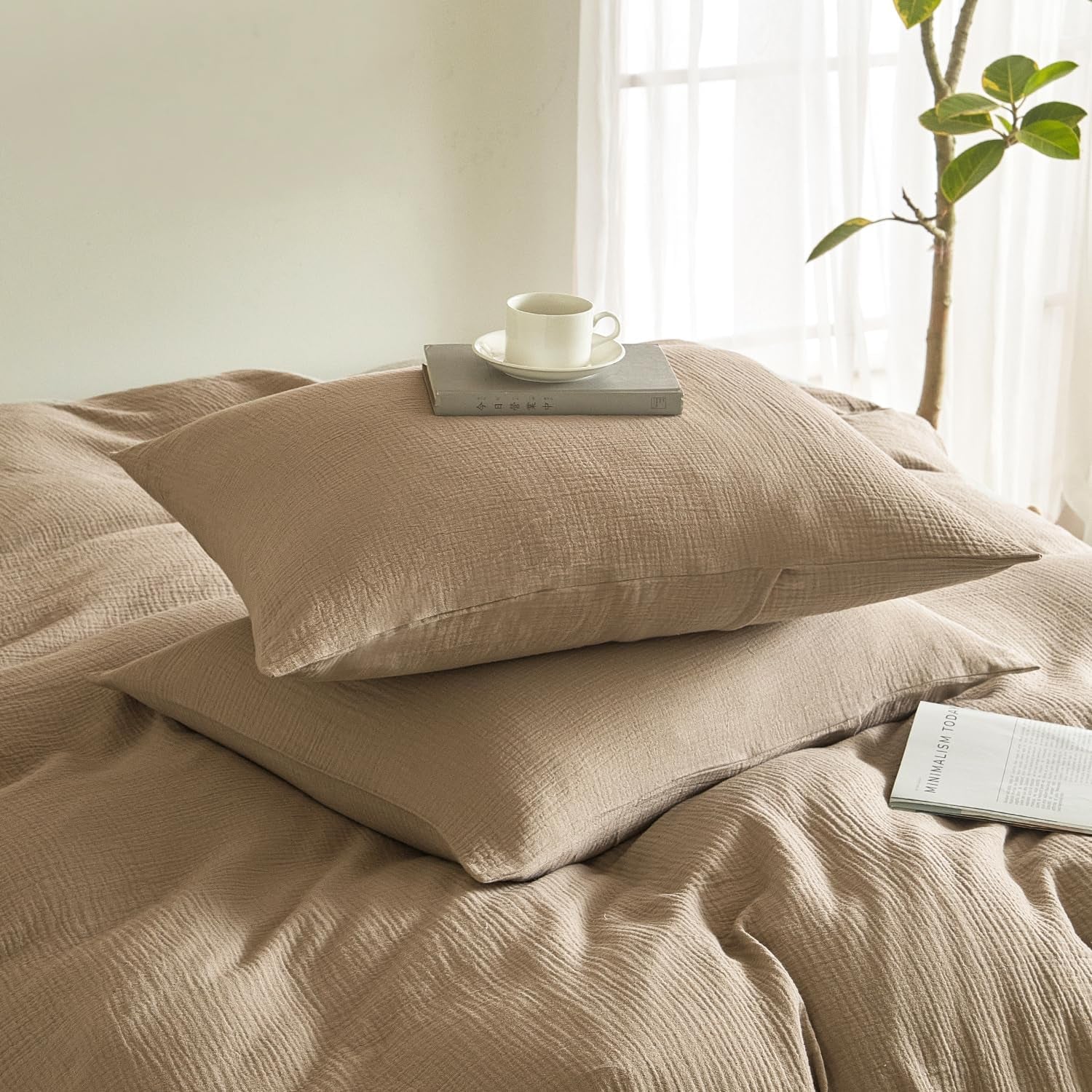 Muslin Pillowcases King Size 100% Cotton, 2 Pack Linen like Pillow Shams with Envelope Closure, Ultral Soft and Breathable Pillow Case Covers, Light Brown, 20" X 36", No Filling