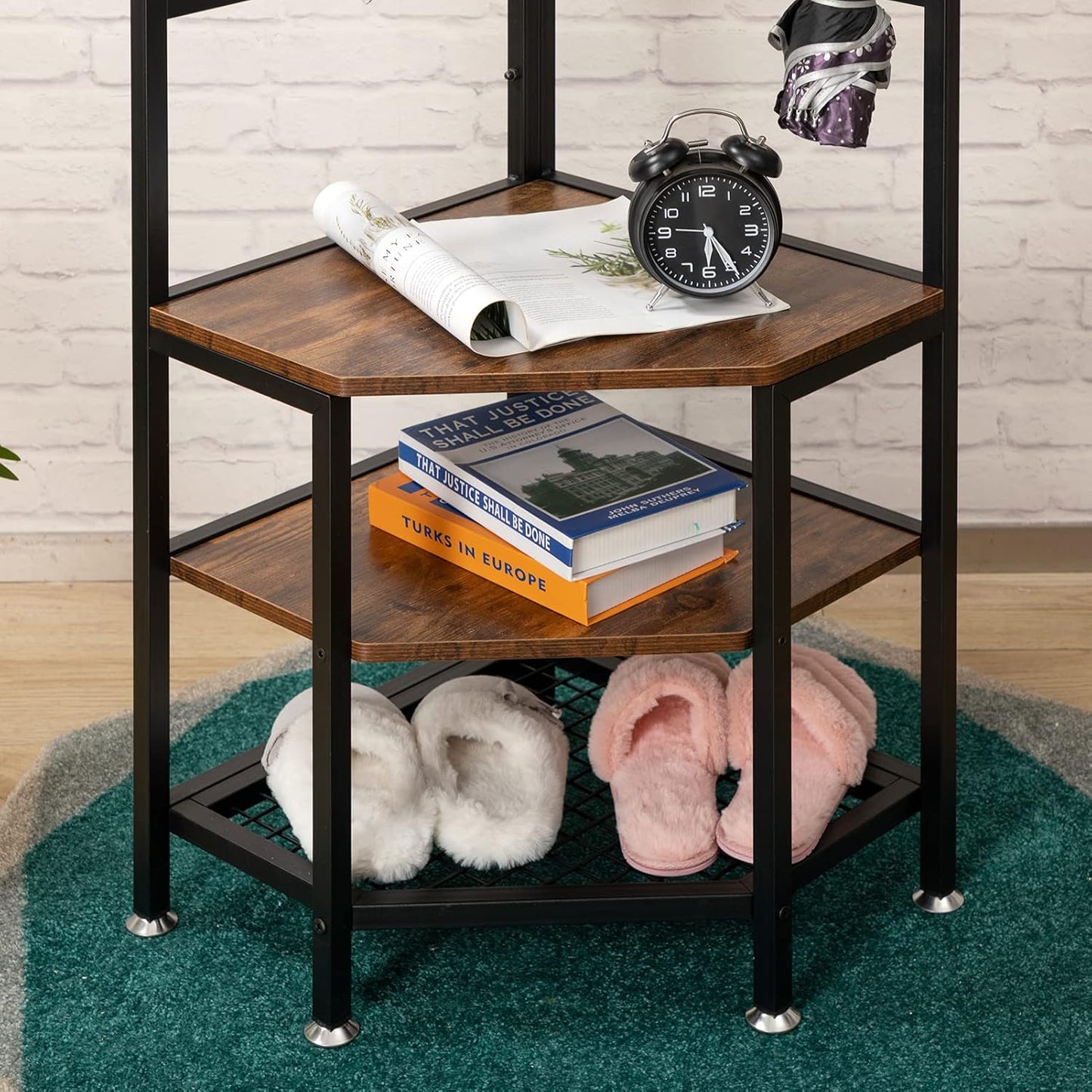 4-Tier Corner Industrial Hall Tree, Freestanding Entryway Coat Storage Rack with Hooks and Wooden Storage Shelves, Black