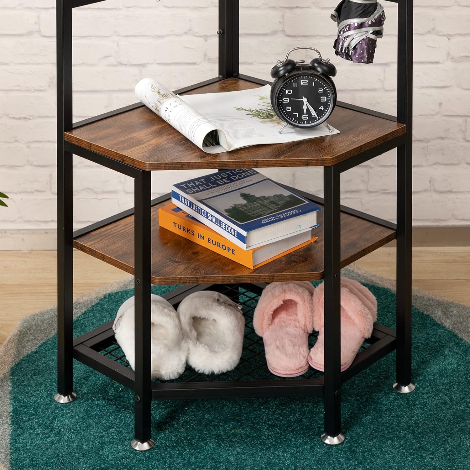 4-Tier Corner Industrial Hall Tree, Freestanding Entryway Coat Storage Rack with Hooks and Wooden Storage Shelves, Black